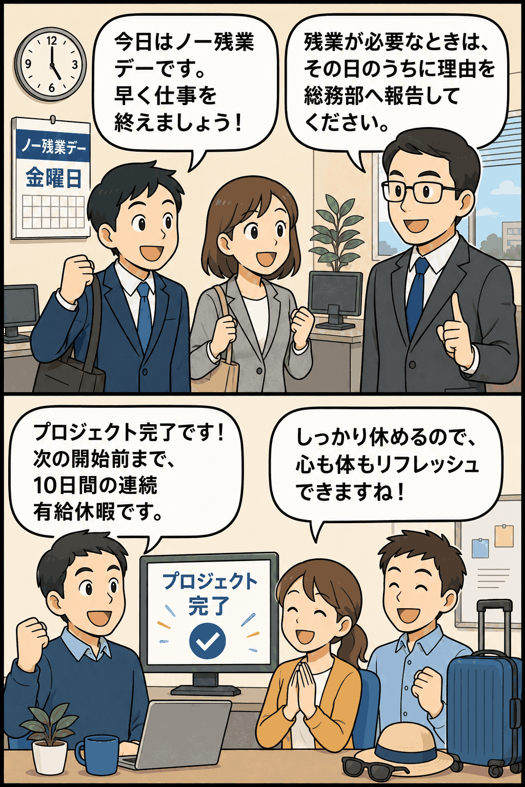ノー残業デーとプロジェクト休暇を説明する職場の漫画イラスト