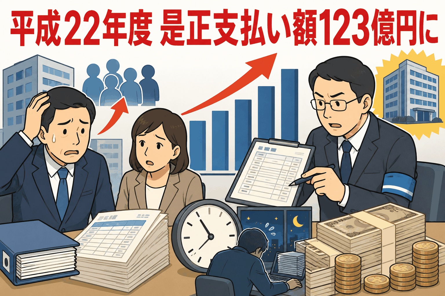 労基署の是正指導により、平成22年度の未払い残業代の遡及支払い額が123億円に増加したことを示すイラスト