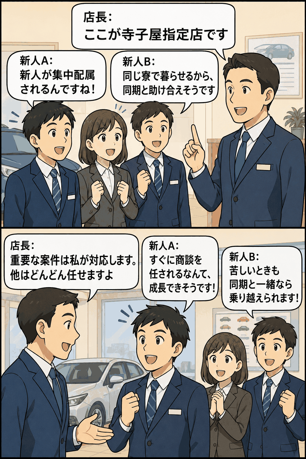 自動車買取・販売会社の寺子屋指定店で、店長が新入社員に集中配属や同期との寮生活、早期商談経験について説明する漫画