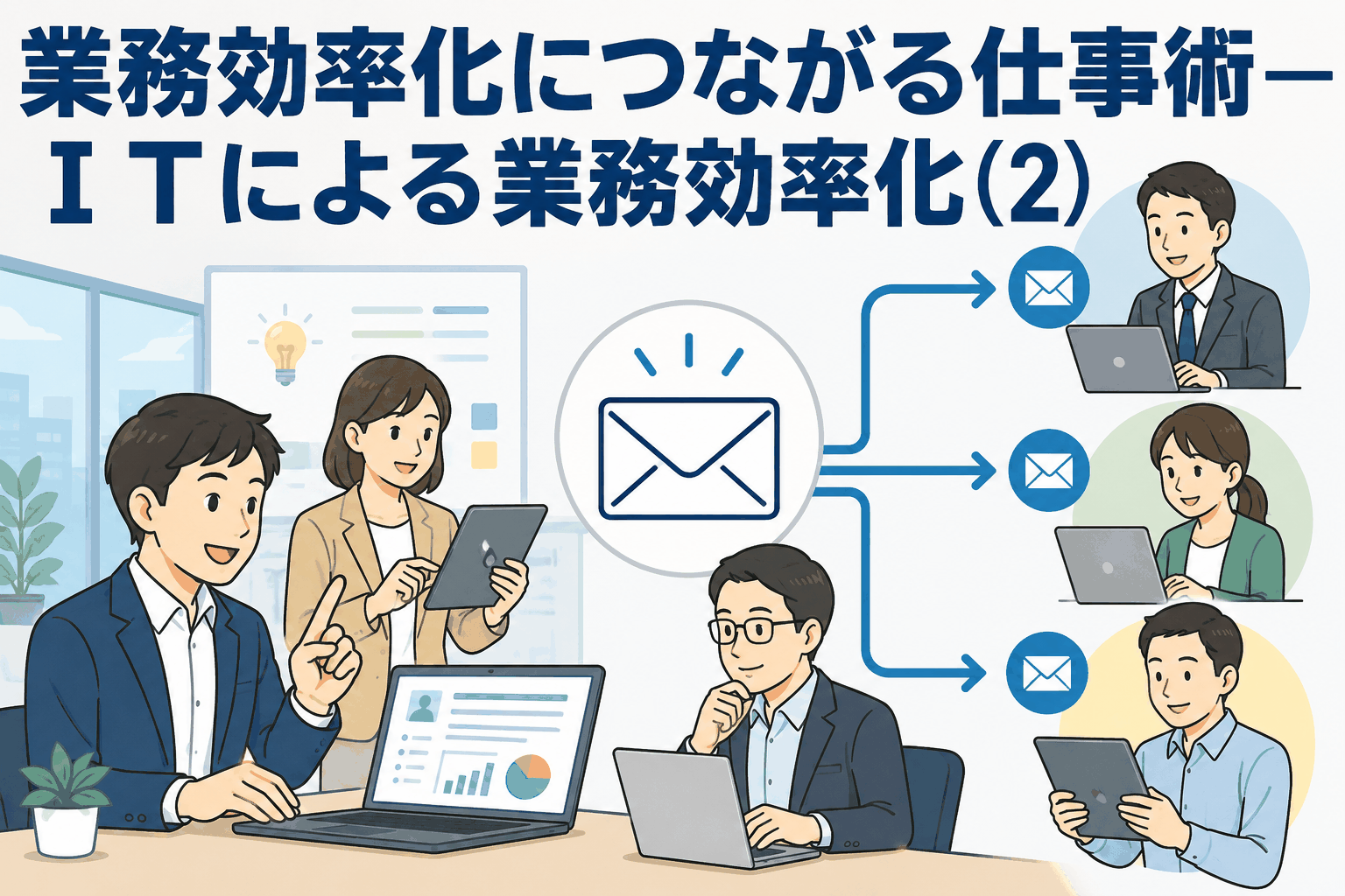 ITによる業務効率化の一例として、メーリングリストで会議前の打ち合わせや議事録を複数メンバーに共有する仕組みを解説するイラスト