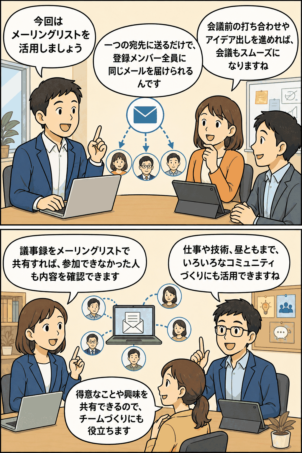 メーリングリストを活用して、会議前の打ち合わせやアイデア共有、議事録の配信、チーム内コミュニティづくりを効率化する方法を説明する漫画風イラスト