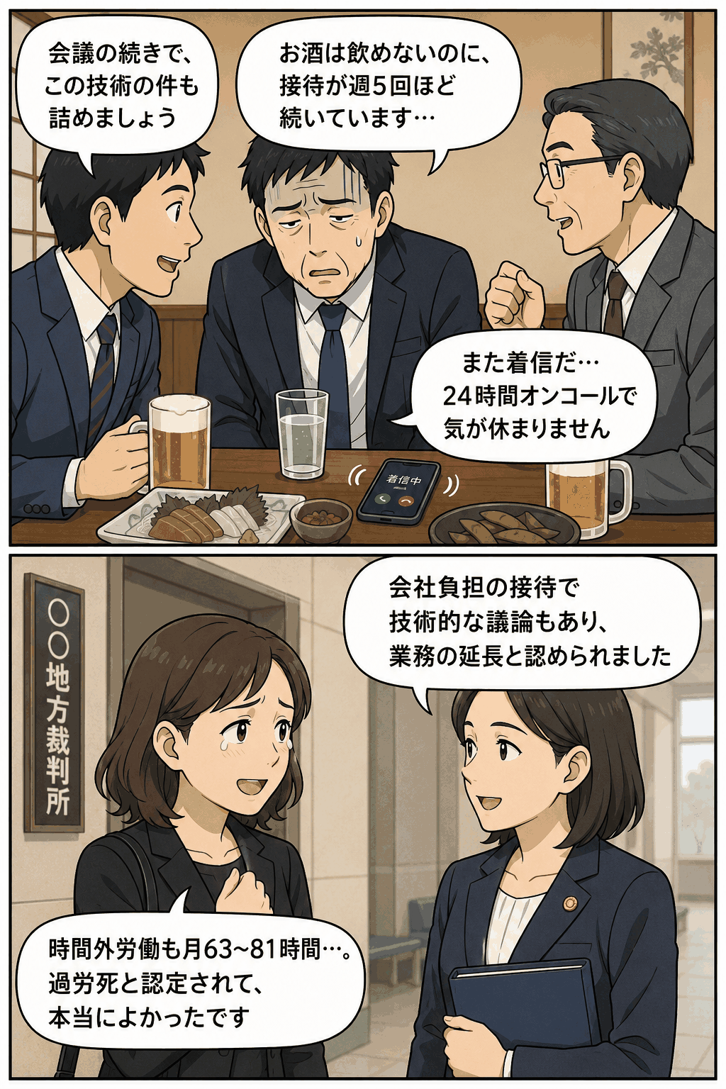 接待中の男性が24時間オンコール勤務や週5回ほどの接待に疲弊し、大阪地裁で接待が業務の延長として過労死認定されたことを説明する漫画