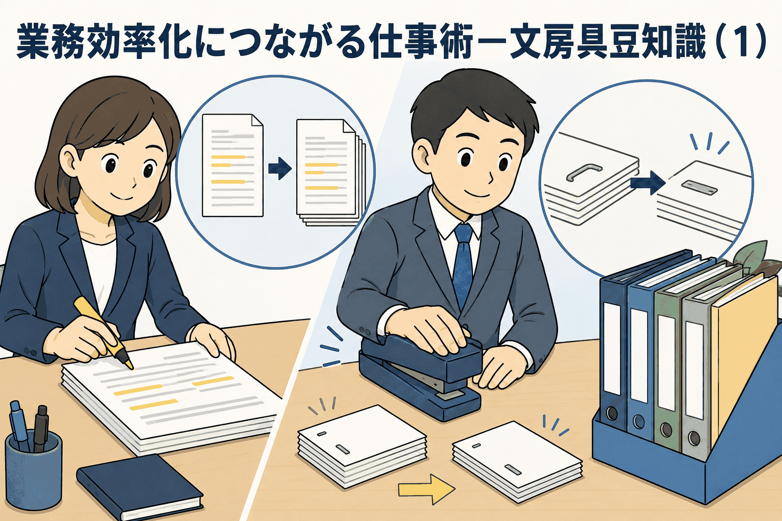 業務効率化につながる文房具豆知識として、黄色い蛍光ペンとホッチキスの活用法を解説するアイキャッチ画像