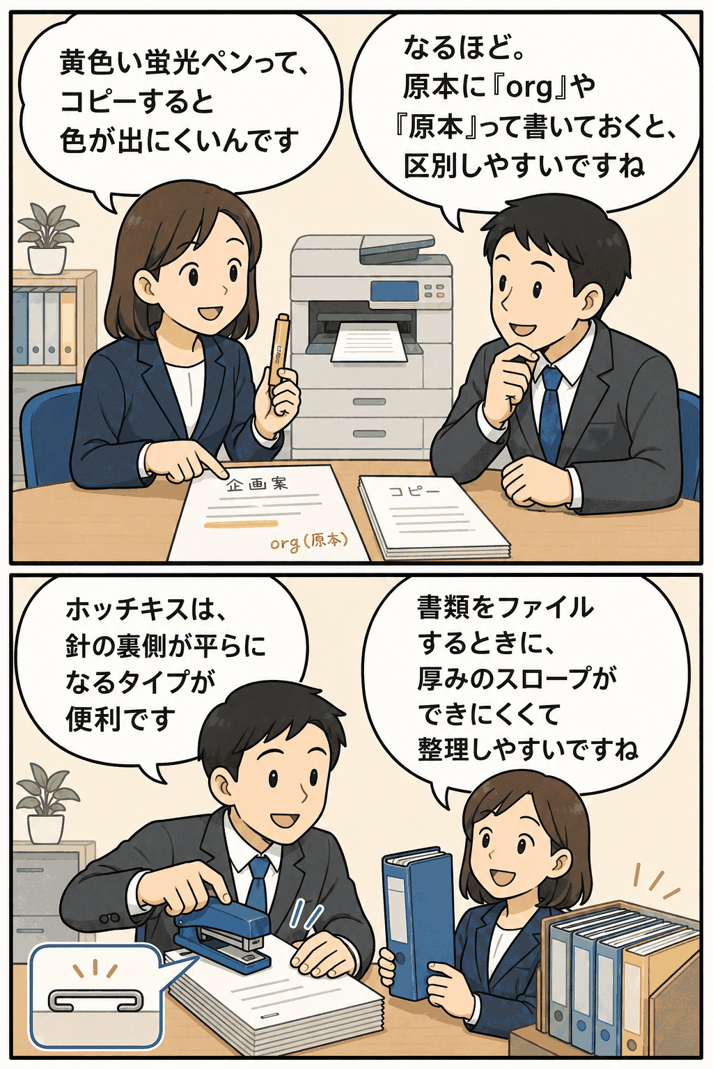 黄色い蛍光ペンはコピーに色が出にくく、平らに綴じられるホッチキスは書類整理に便利だと説明する文房具豆知識の漫画