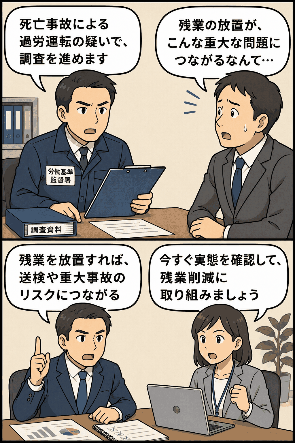 死亡事故を契機に発覚したトラック運転者の過労運転について、労働基準監督署が長時間労働と残業放置のリスクを説明する漫画風イラスト