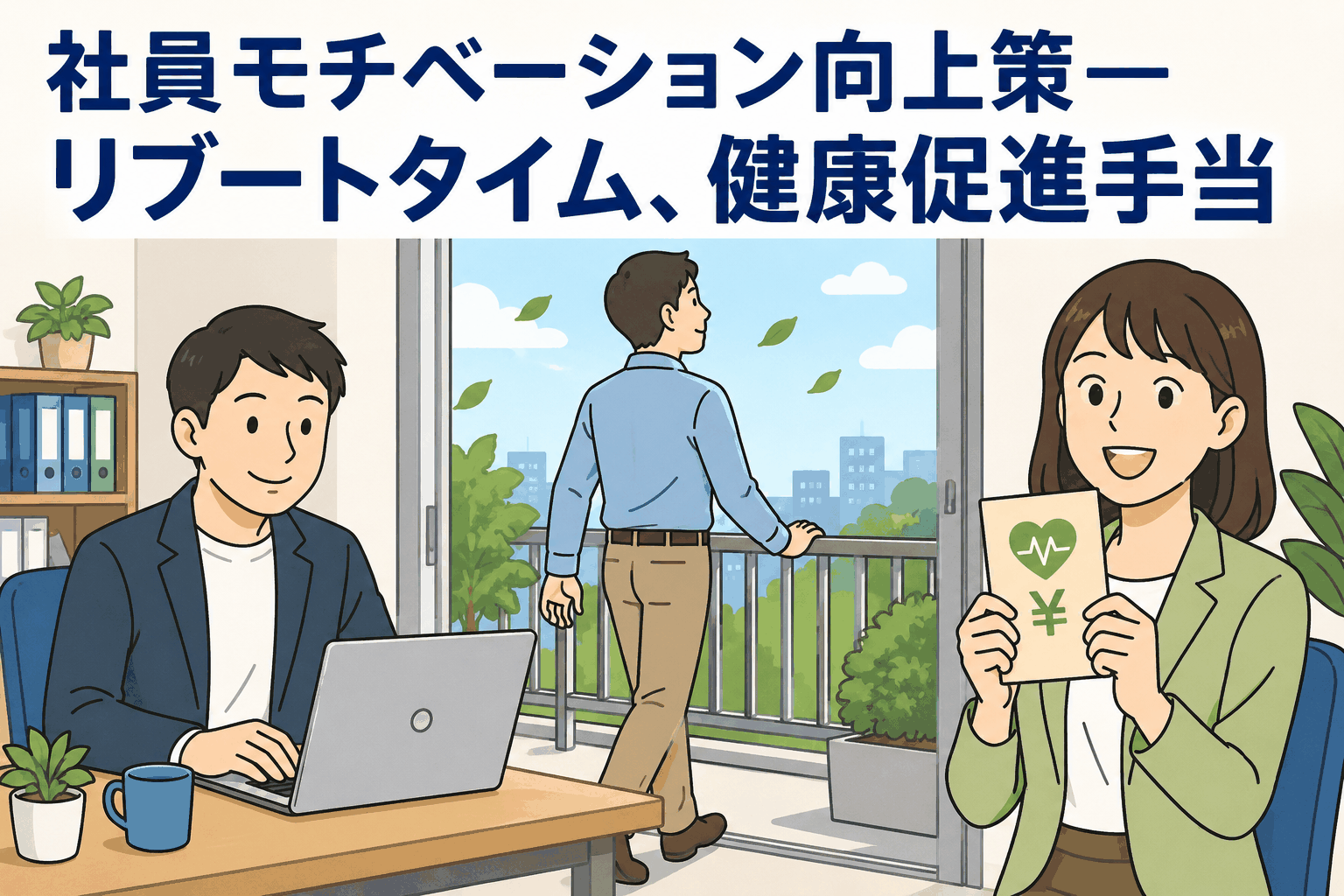 社員モチベーション向上策としてリブートタイムと健康促進手当を紹介するITベンチャーの社内制度イメージ