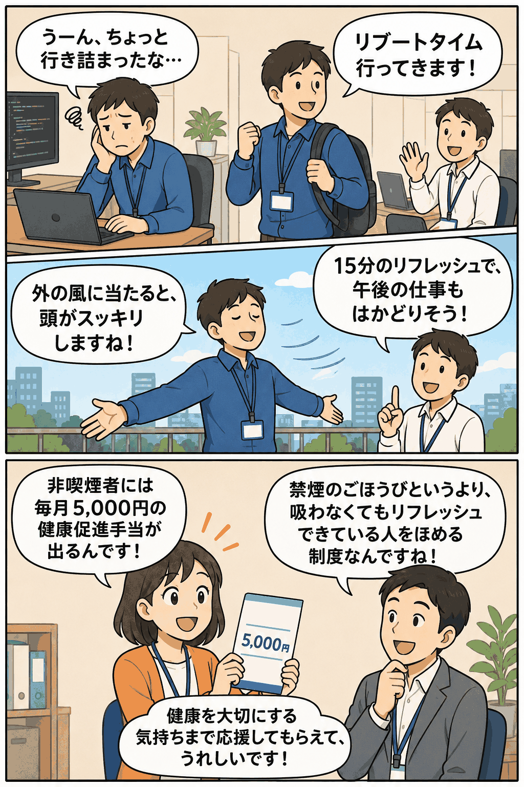 ITベンチャーの社内制度として、15分のリブートタイムと非喫煙者向け健康促進手当を紹介する漫画画像