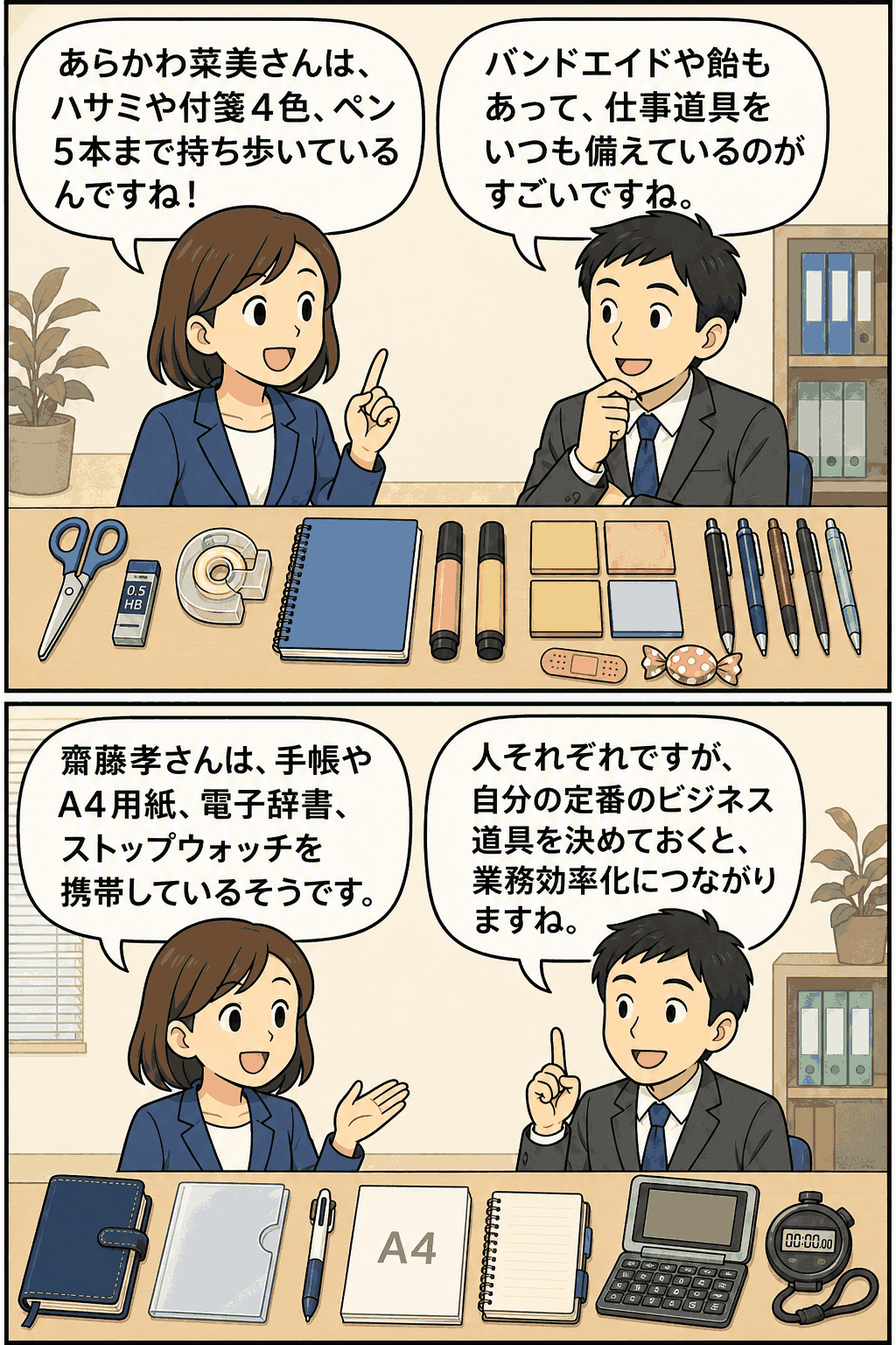 著名人が携帯するビジネス道具として、ハサミ・付箋・ペン・手帳・A4用紙・電子辞書・ストップウォッチなどを紹介する文房具豆知識の漫画