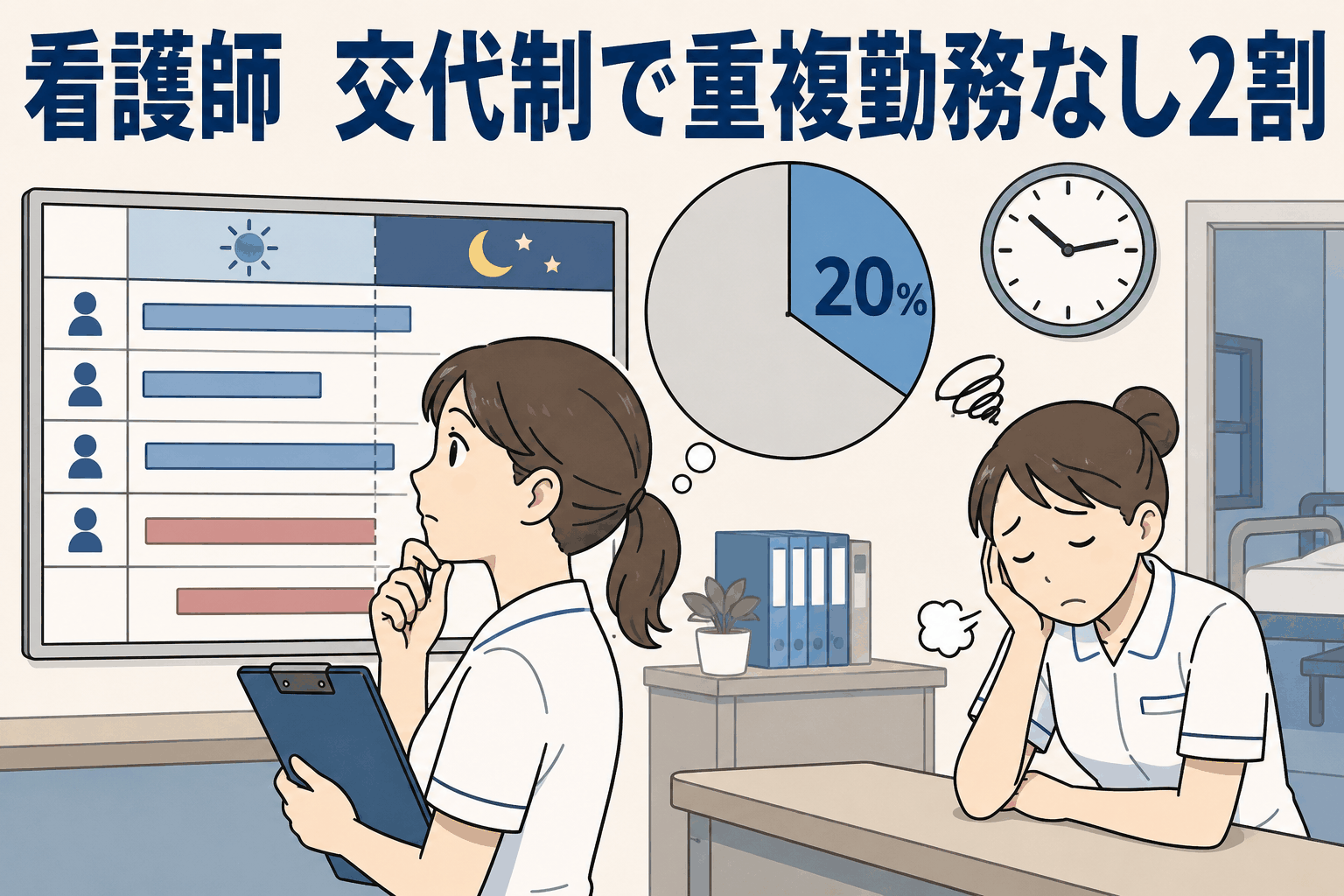 看護師の二交代制勤務で重複勤務なしが2割と示す勤務表と円グラフ、疲れた看護師のイラスト