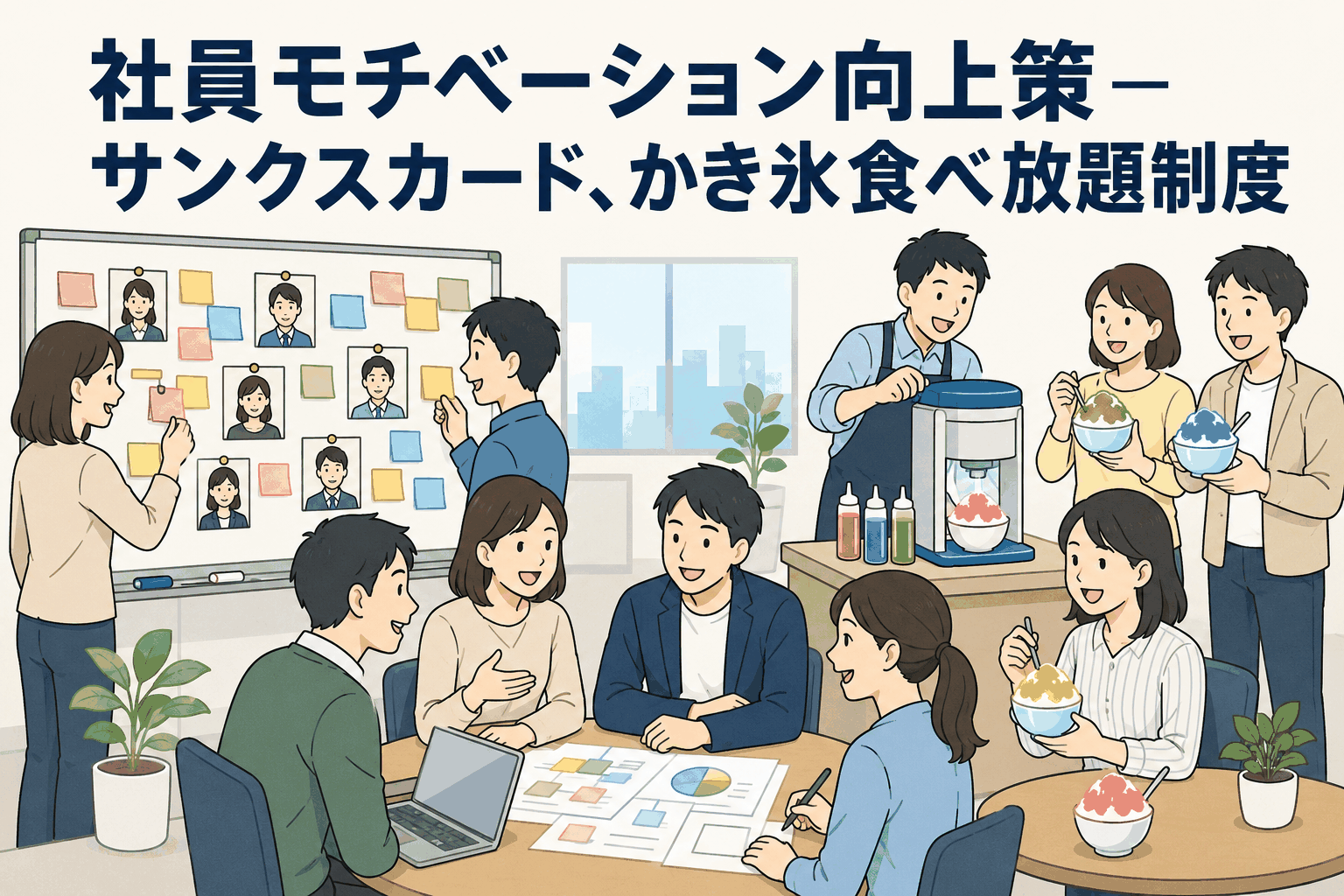 社員モチベーション向上策として、サンクスカード・かき氷食べ放題制度・委員会制度を導入するITベンチャーの社内風景