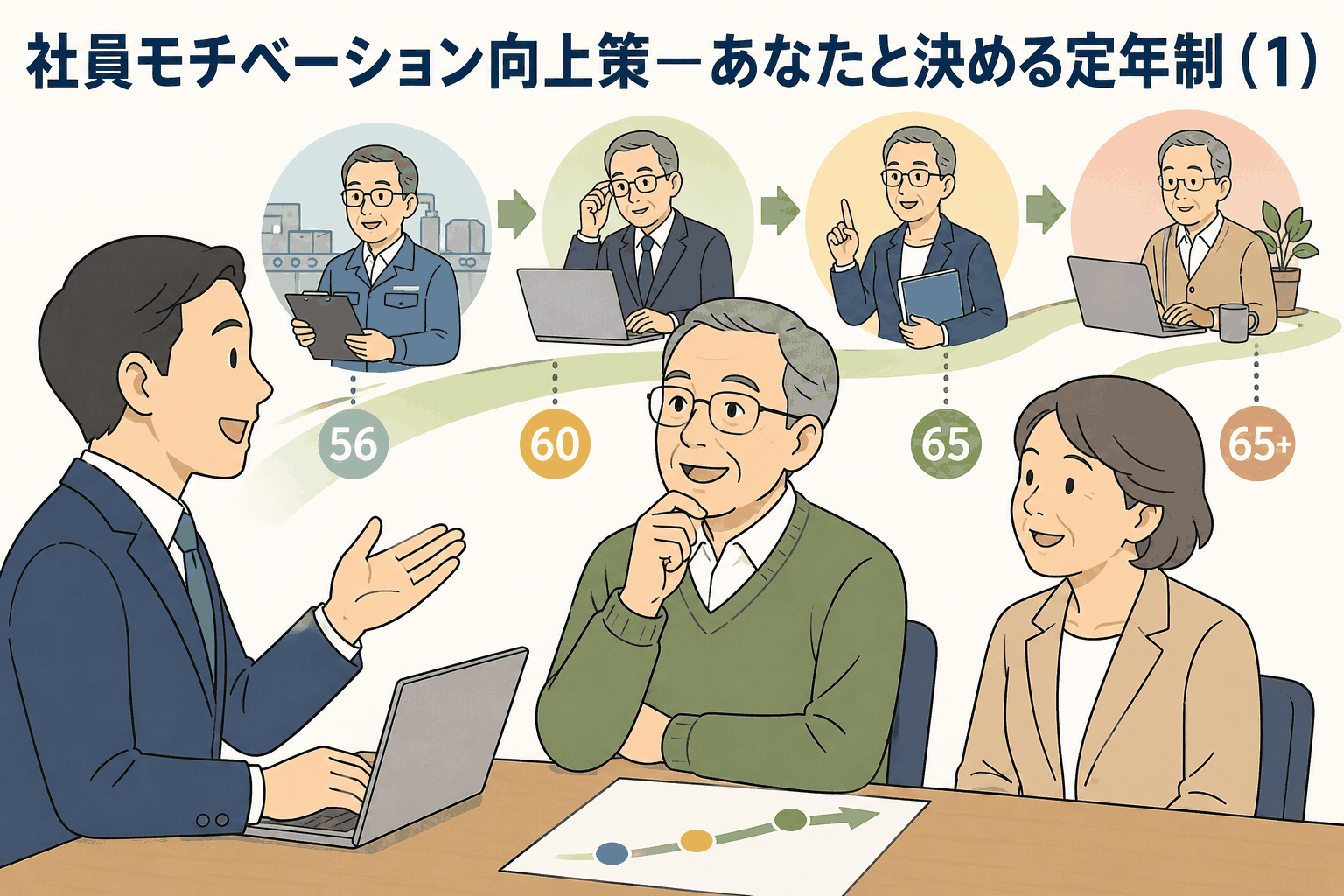社員モチベーション向上策として、56歳・60歳・65歳・65歳以降の働き方や賃金設計を段階的に見直す定年制・生涯現役制度の説明イラスト