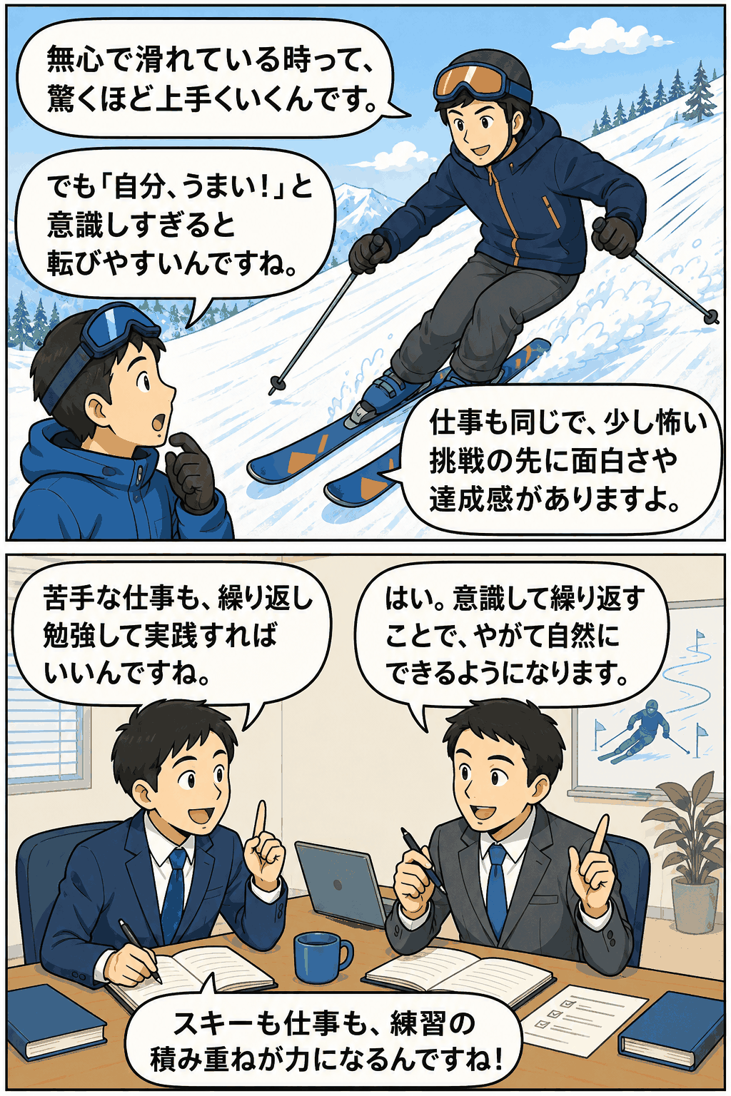 スキーの法則を仕事に応用し、無心の集中・挑戦の面白さ・繰り返し練習によるスキル向上を漫画で解説する画像