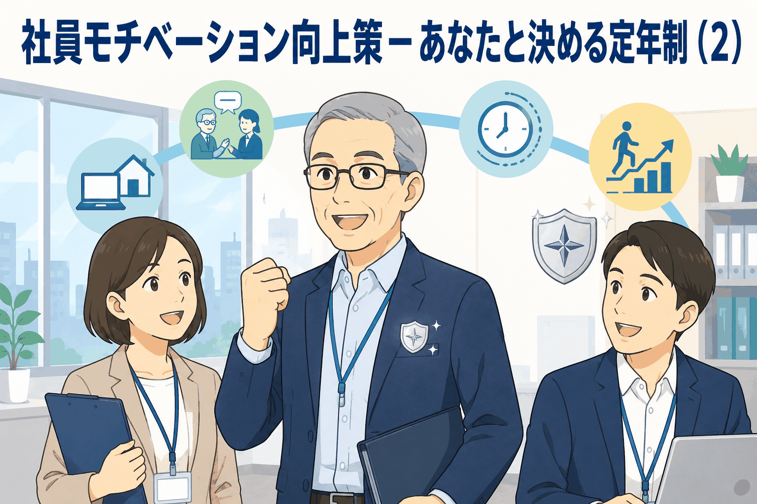社員モチベーション向上策として、65歳定年後も働けるプラチナ社員制度と生涯現役制度を解説するイメージ画像