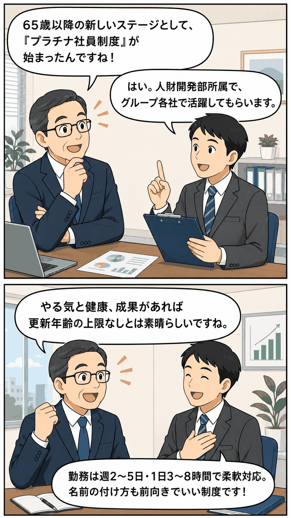 65歳以降の新しい働き方として、プラチナ社員制度の内容や再雇用後の勤務形態を会話形式で解説する漫画画像