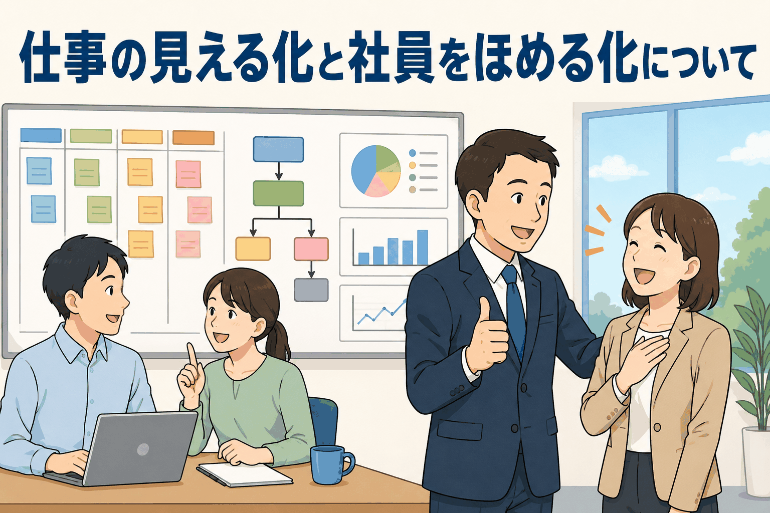 仕事の見える化と社員をほめる化により、業務改善やメンタルヘルス対策、職場の前向きな雰囲気づくりを進める社員たち