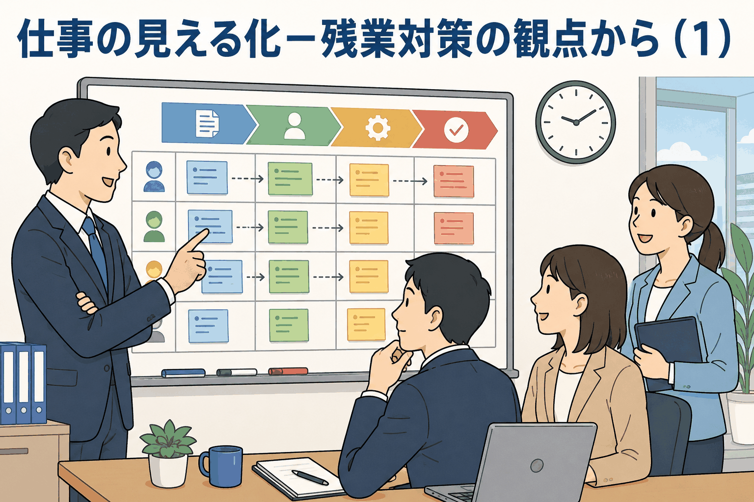 仕事の見える化で業務フローを共有し、残業削減や未払い残業対策に取り組む職場ミーティングの様子