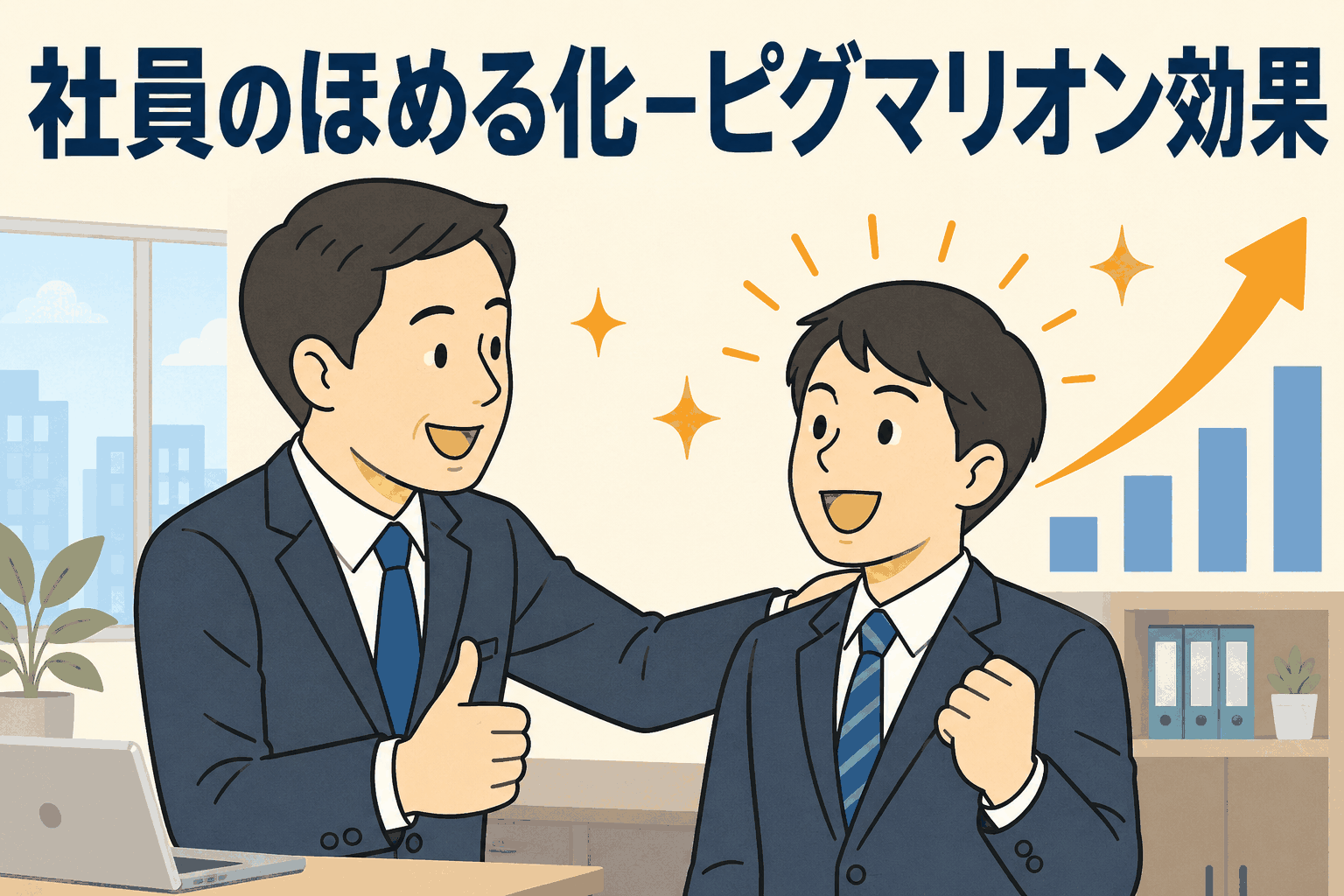 社員をほめて育てる上司と前向きな部下のイラスト。ピグマリオン効果により期待と称賛が社員の成長や行動改善につながることを表現。