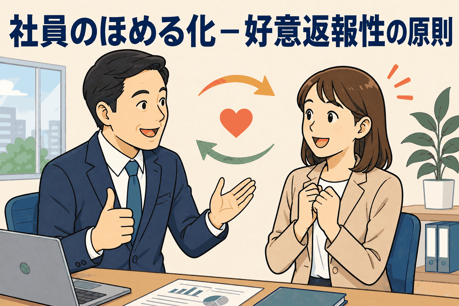 社員のほめる化と好意返報性の原則を表す、上司と部下が笑顔で対話する職場イラスト