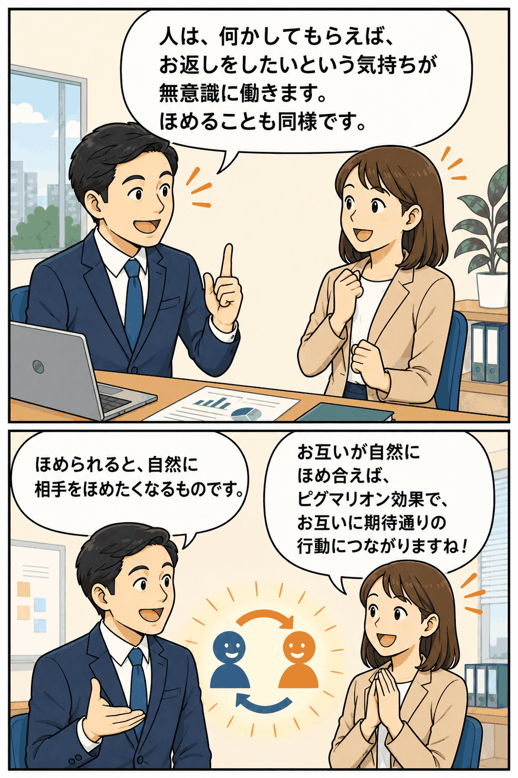 社員のほめる化における好意返報性の原則とピグマリオン効果を説明する職場コミュニケーション漫画