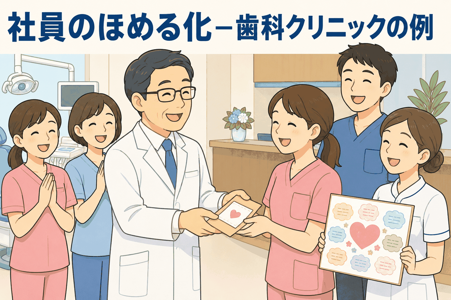 歯科クリニックで院長がスタッフに感謝カードを渡し、社員のほめる化やありがとう色紙による職場づくりを表すイラスト
