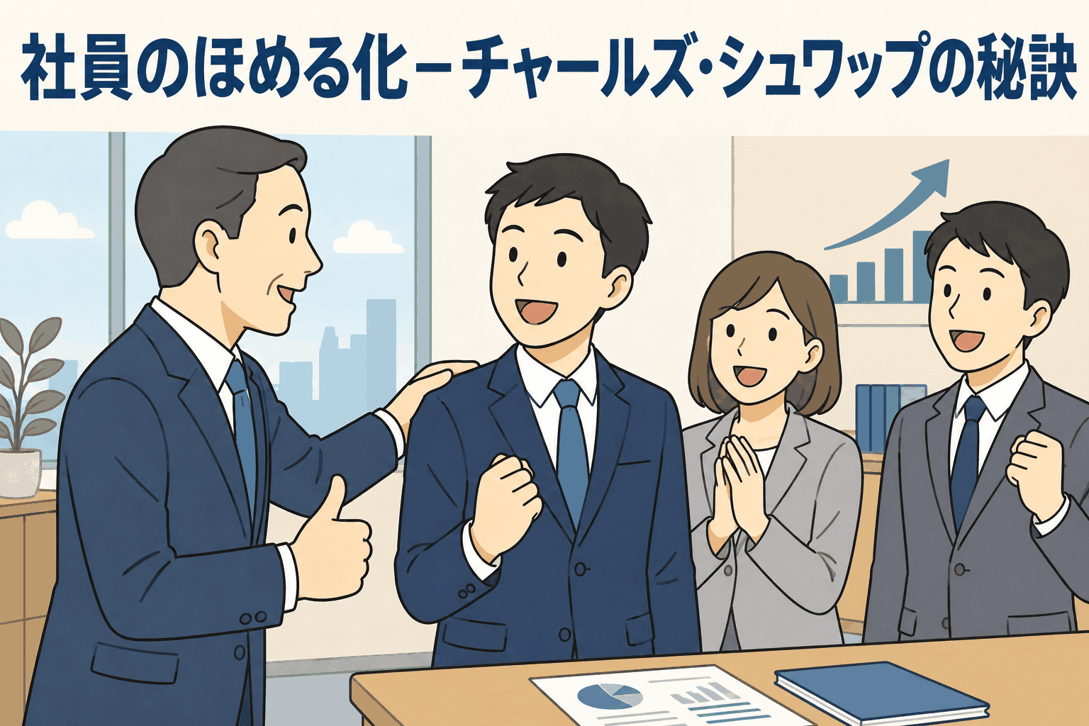 社員のやる気を引き出すために、上司が部下をほめて励ます職場の様子。チャールズ・シュワップの人材育成術を解説。