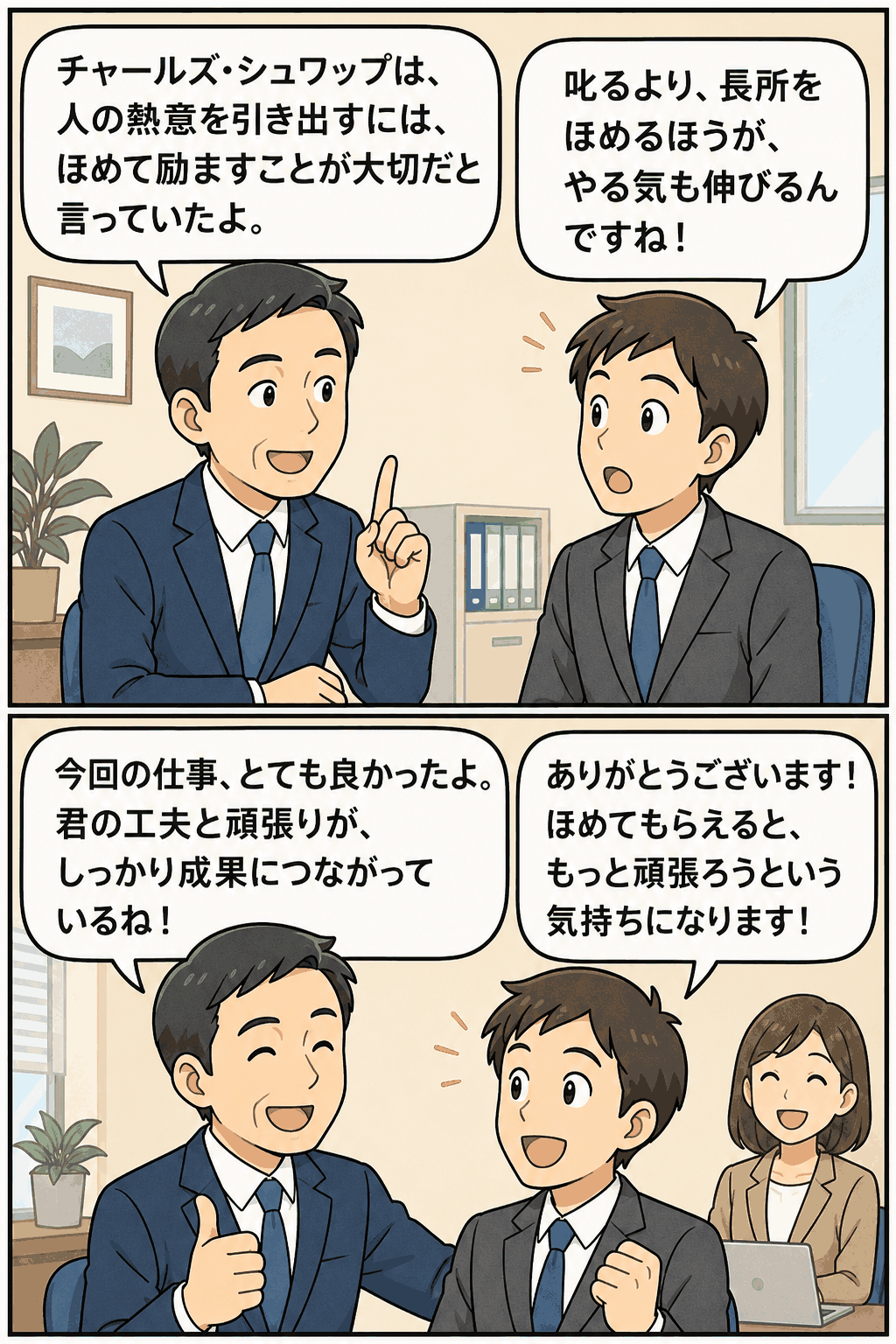 チャールズ・シュワップの教えをもとに、上司が部下をほめて励まし、社員のやる気を引き出す職場の漫画。