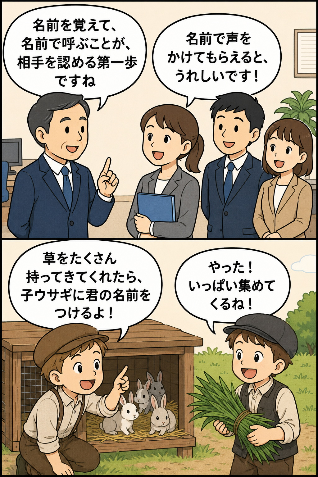 社員のほめる化として、名前を覚えて名前で呼ぶことが相手を認める第一歩であることを、職場とカーネギーの子ウサギの逸話で解説する漫画風アイキャッチ画像