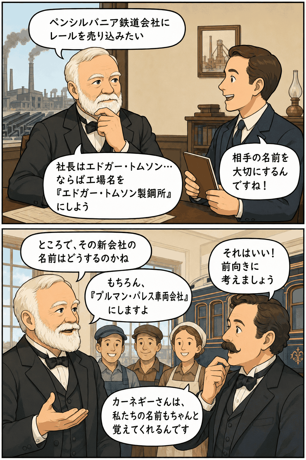 アンドルー・カーネギーが取引先や社員の名前を大切にし、エドガー・トムソン製鋼所やプルマン・パレス車両会社の事例を通じて信頼を築く漫画