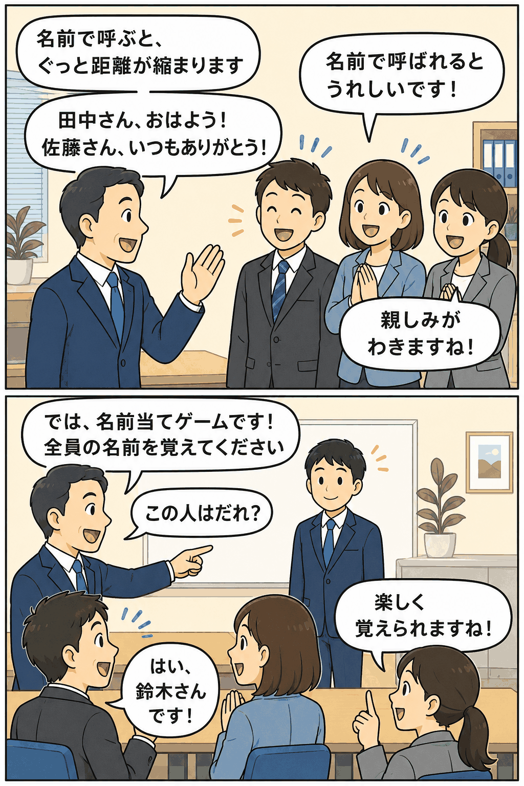 名前で呼ぶことで職場の親密さが増し、社員同士の距離が縮まる様子と、名前当てゲームで楽しく名前を覚える研修風景を描いた漫画イラスト