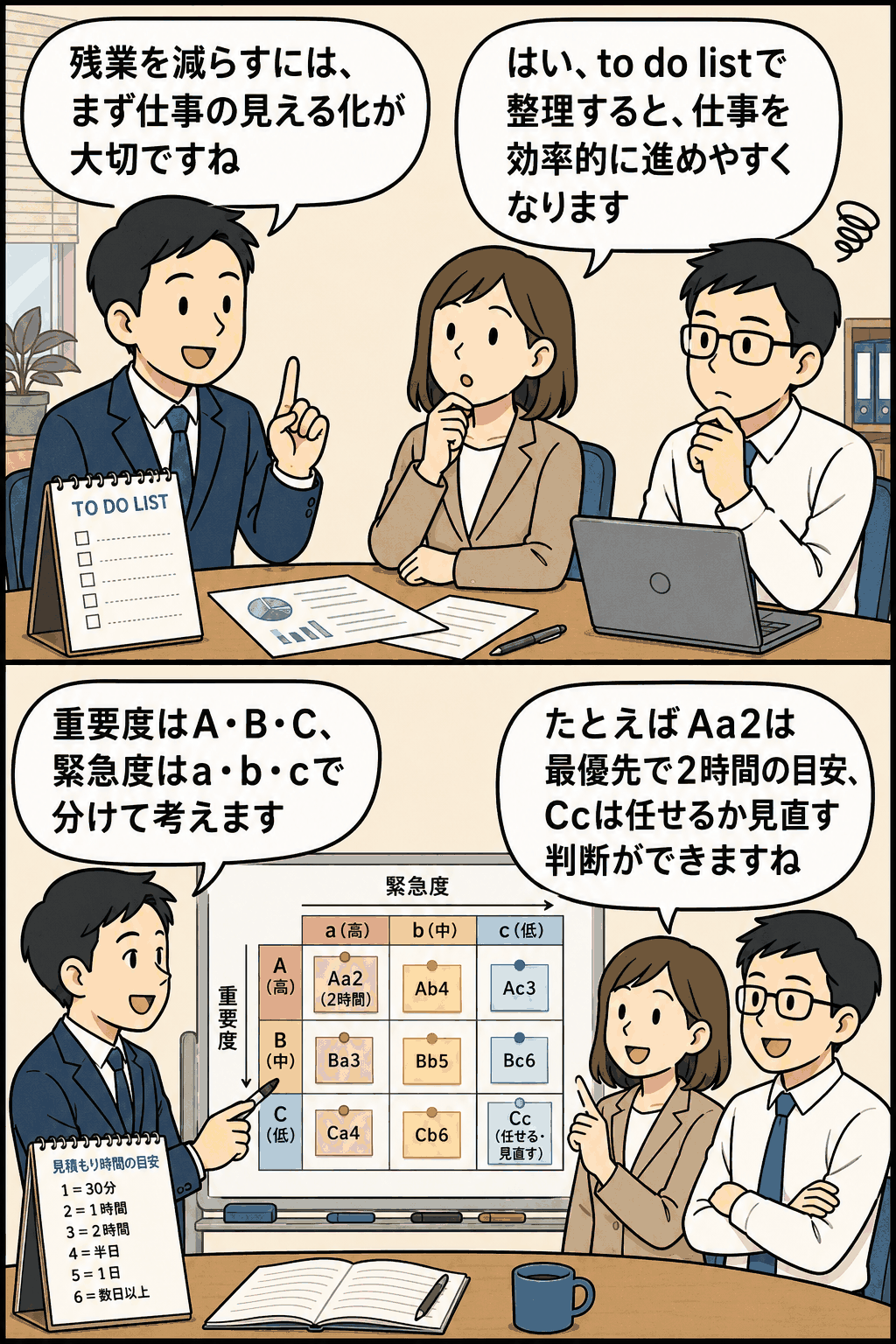 仕事の見える化をテーマに、to do listを重要度A・B・Cと緊急度a・b・cで分類し、所要時間を入れて優先順位を判断する方法を説明する漫画風イラスト