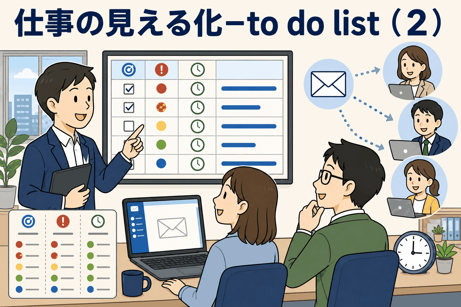 仕事の見える化として、重要度・緊急度・所要時間を整理したToDoリストを共有し、メールで部署全員に予定を伝える様子