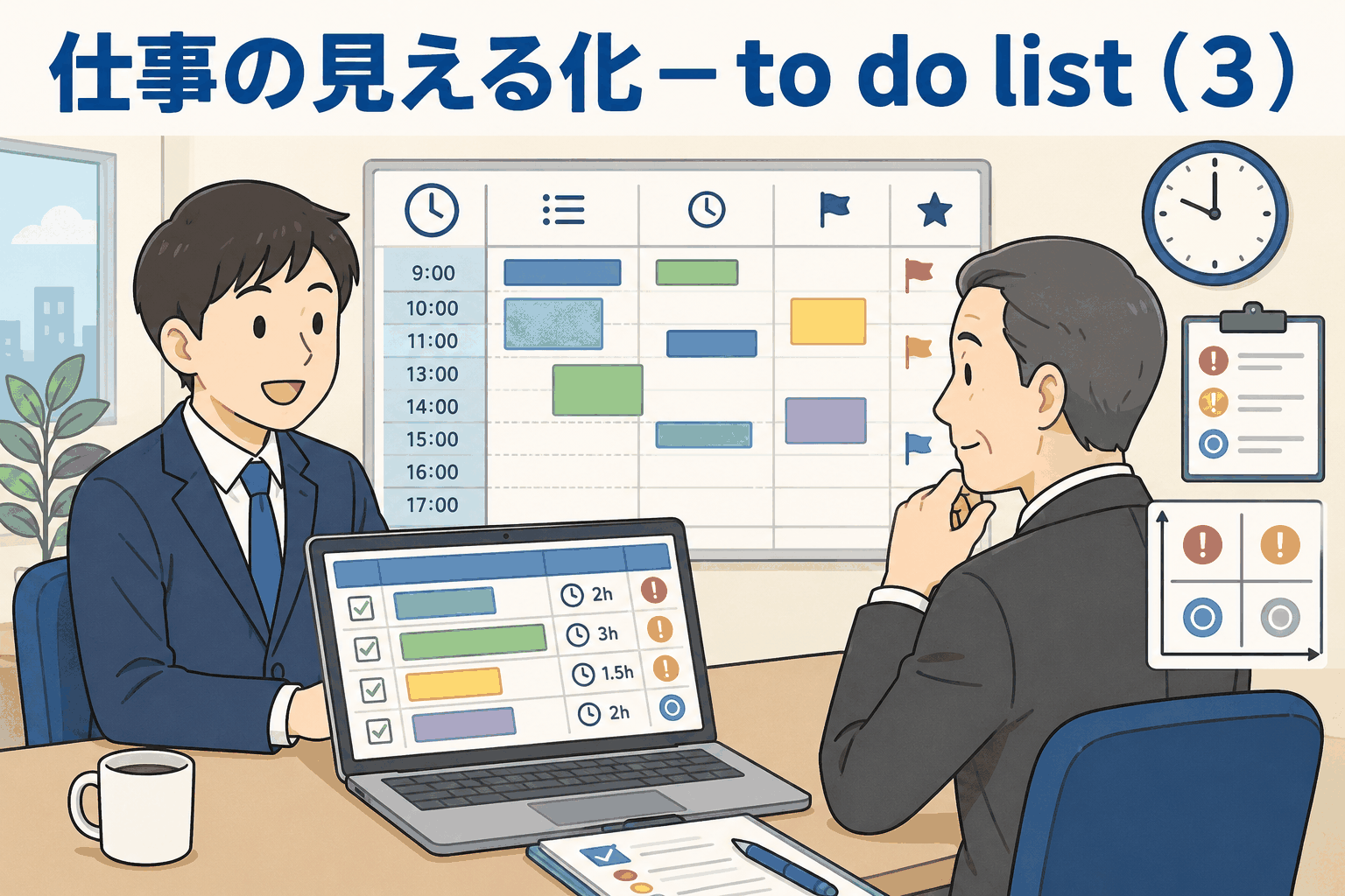 仕事の見える化として、to do listを使いタスクの時間見積もり・重要度・緊急度を共有するビジネス場面