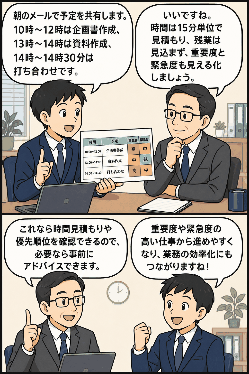 朝のメールで仕事の予定を共有し、タスクの時間見積もり・重要度・緊急度を見える化して業務効率化を図る解説漫画