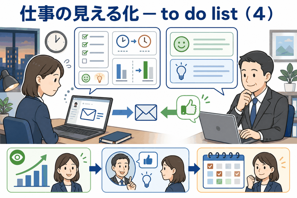 仕事の見える化として退社前のメール報告を活用し、予定と実績の差異、良かった点と反省点、翌日の予定を共有して業務改善につなげるイメージ