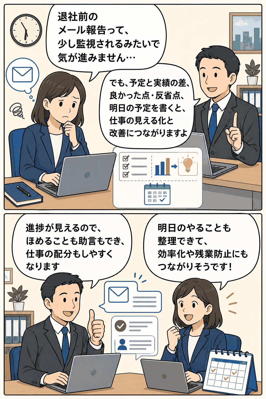 退社前のメール報告に抵抗を感じる社員へ、予定と実績の差異、良かった点と反省点、翌日の予定を共有することで仕事の見える化と業務改善につながることを管理職が説明している漫画風イラスト