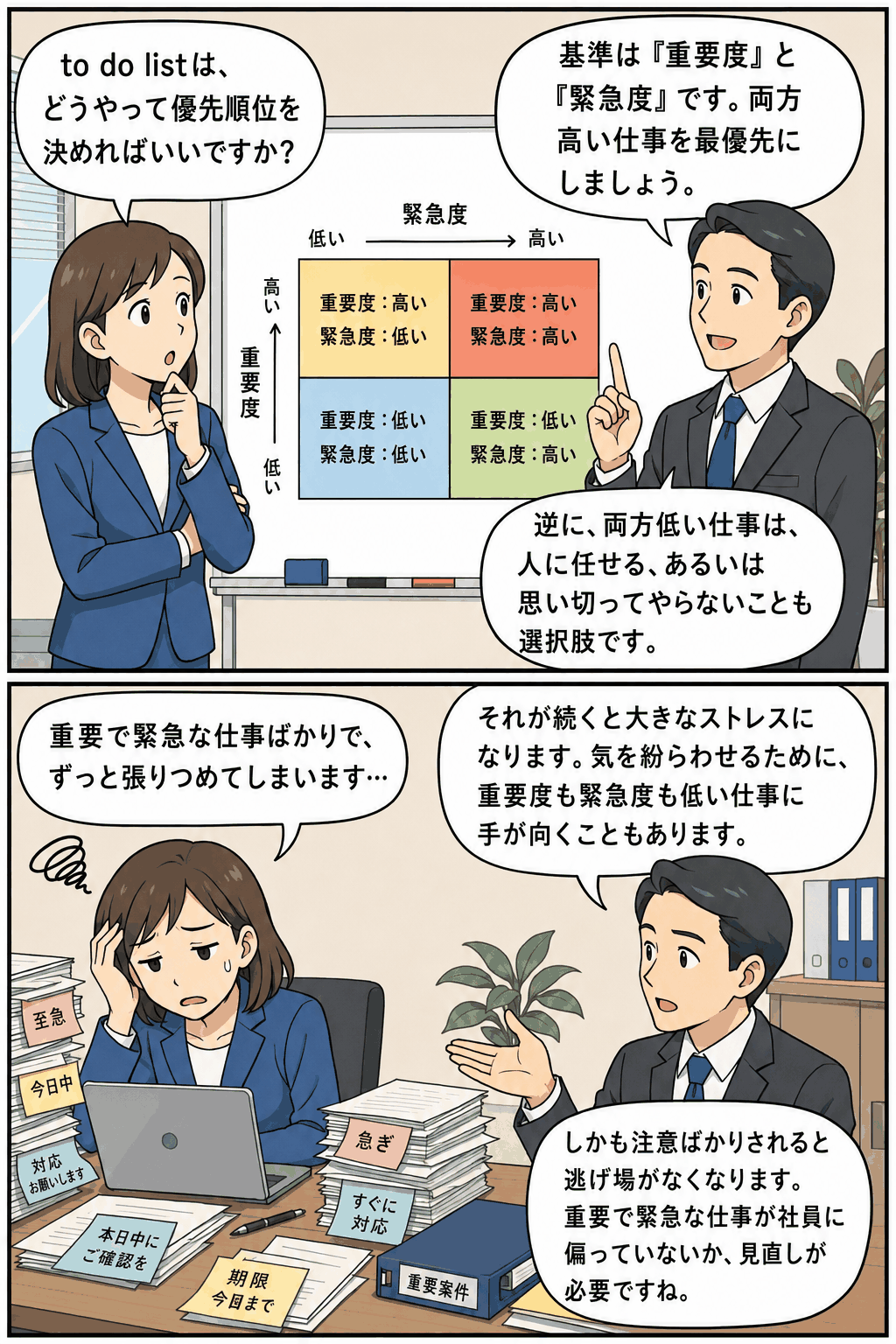 to do listの優先順位を重要度と緊急度で整理し、仕事のストレスを防ぐ方法を解説する漫画