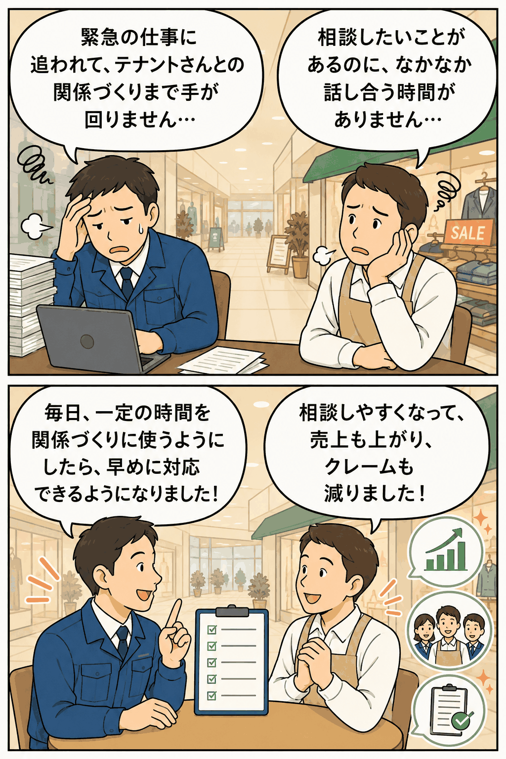 緊急の仕事に追われて管理社員とテナントが相談できない状況から、毎日一定の時間を関係づくりに使うことで、売上向上やクレーム減少につながる様子