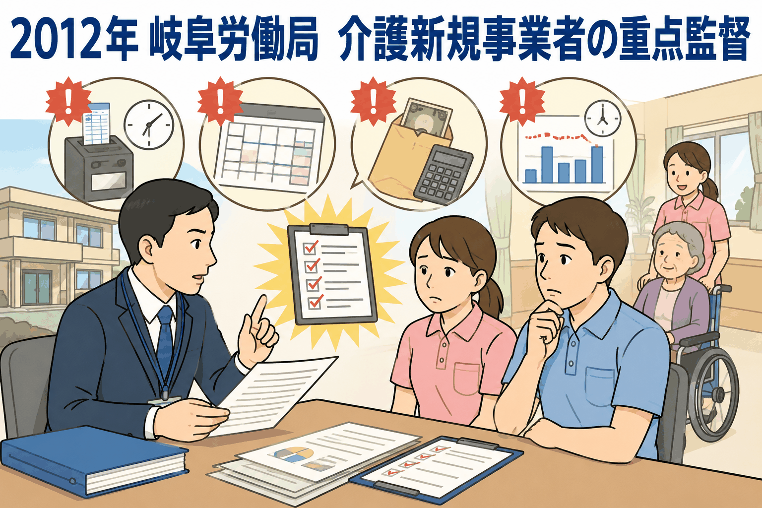 2012年の岐阜労働局による介護新規事業者への重点監督で、割増賃金や労働時間の法令違反を指導するイラスト