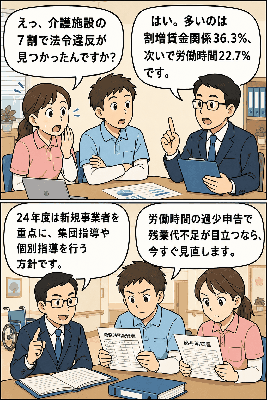 岐阜労働局の介護サービス施設への監督指導結果について、7割で法令違反、割増賃金36.3％、労働時間22.7％の違反状況を説明する漫画