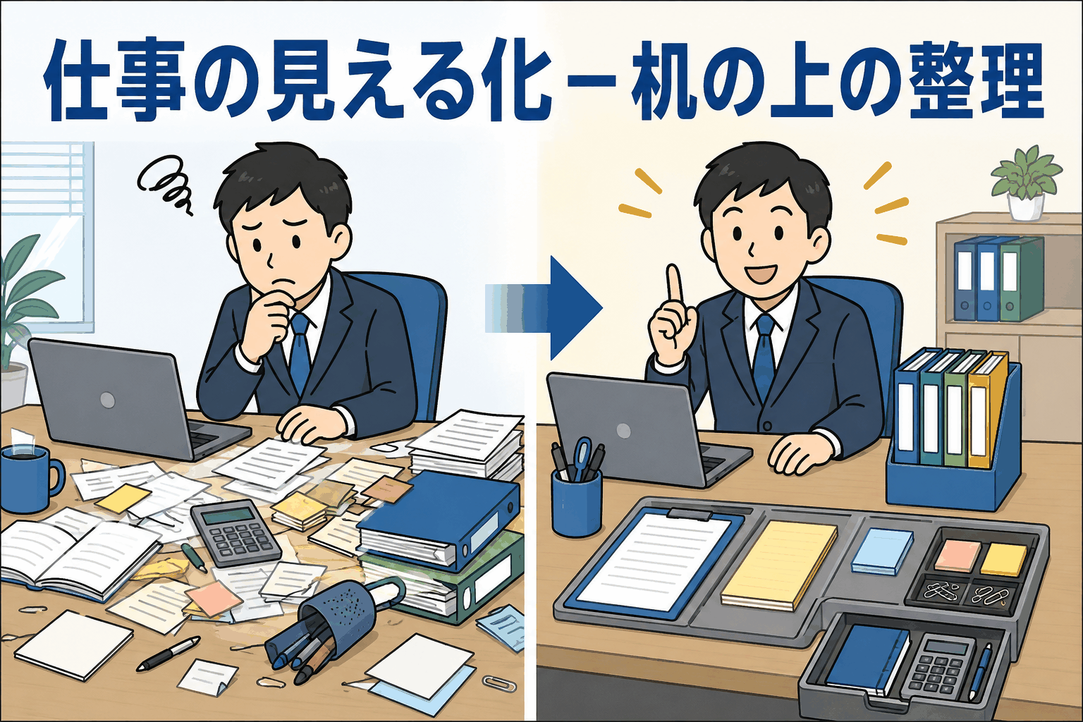 仕事の見える化として、散らかった机を整理し探し物コストを削減する方法を解説するイラスト