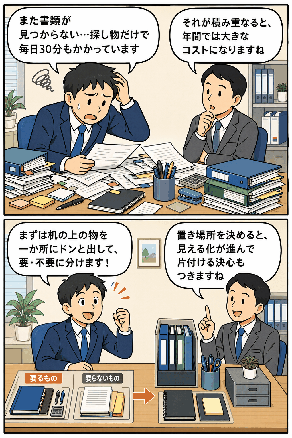 仕事の見える化として、散らかった机を整理し探し物コストを削減する方法を解説するイラスト