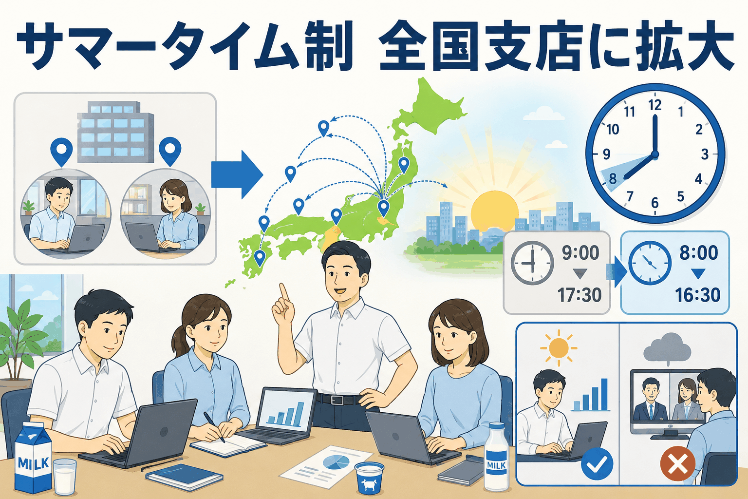 全国の支店でサマータイム制を導入し、始業時刻を9時から8時へ繰り上げて節電や業務効率化を図る牛乳製造会社のイメージ