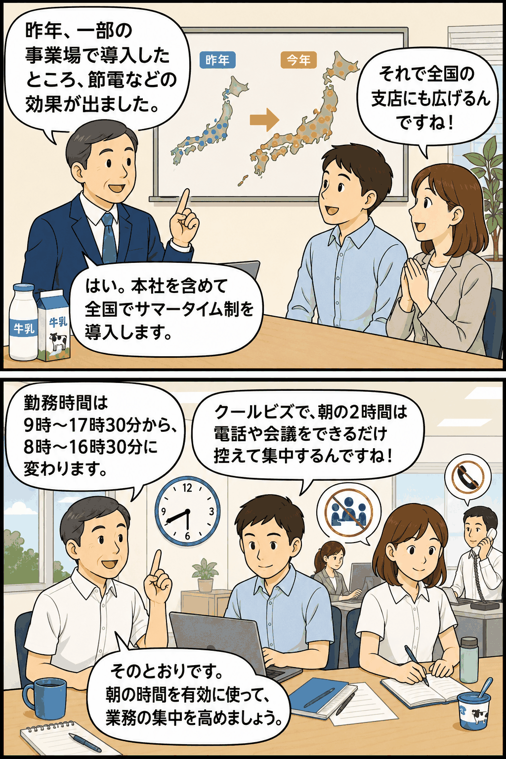 牛乳製造会社が昨年一部事業場で得た節電効果を受け、全国支店にサマータイム制を拡大し勤務時間を8時から16時30分へ変更する説明漫画