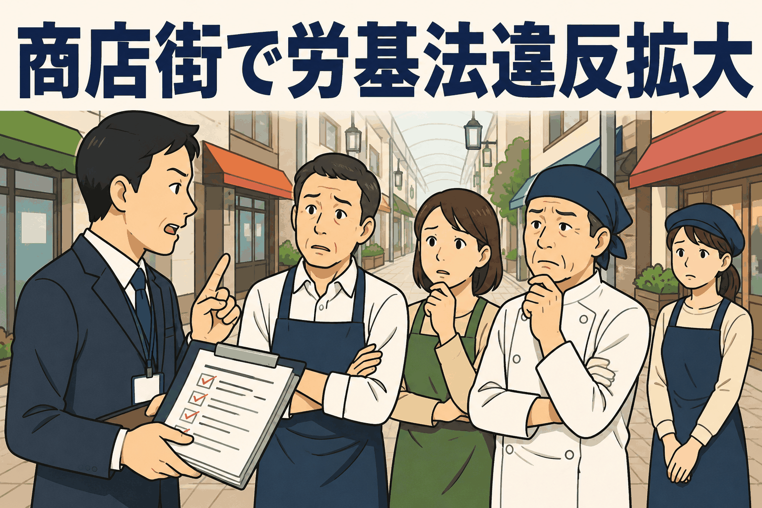 商店街で労基署職員が店舗関係者に労働基準法違反の改善指導を行う様子