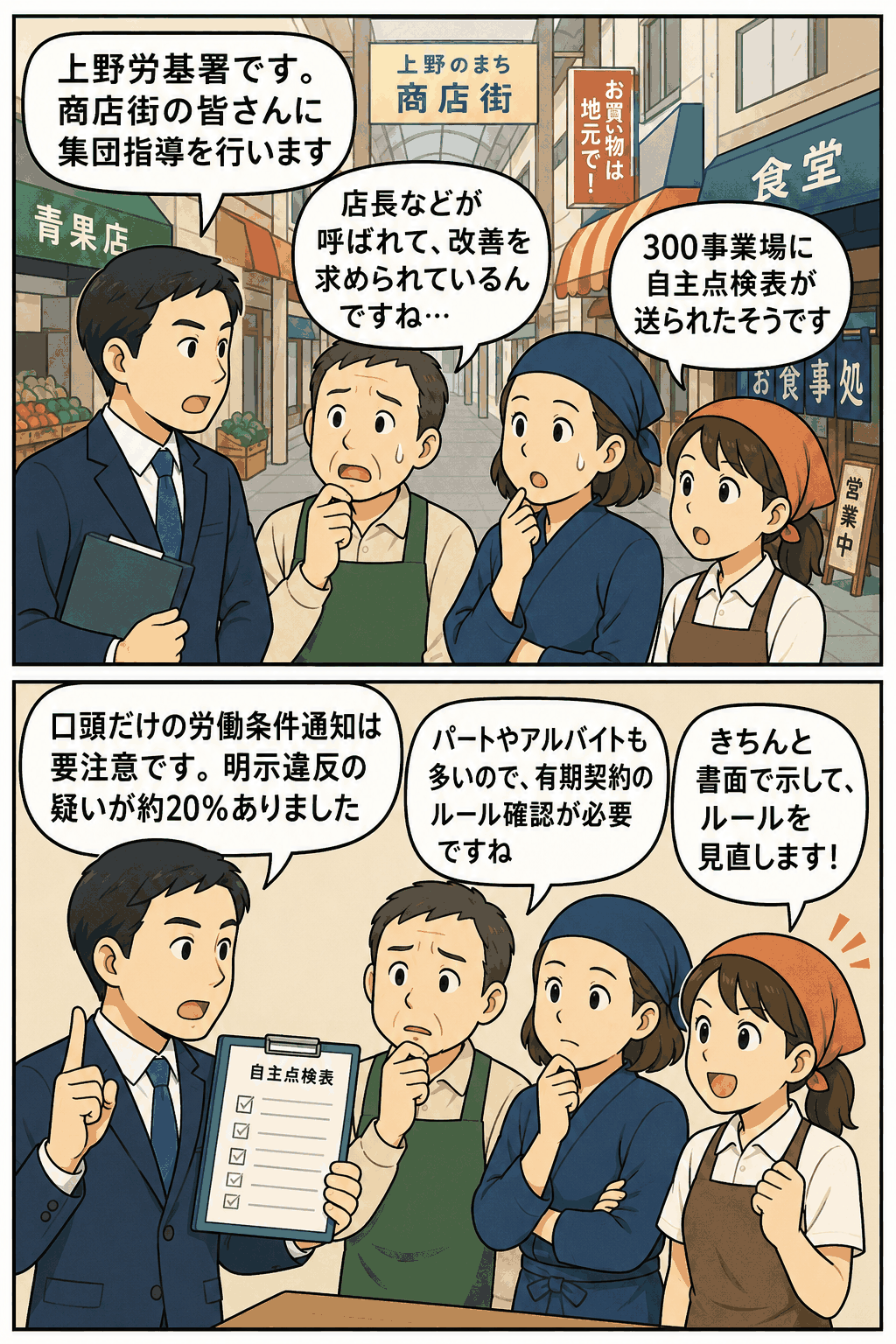 上野労基署が商店街の店舗関係者に集団指導を行い、労働条件明示や有期契約ルールの確認を促す漫画