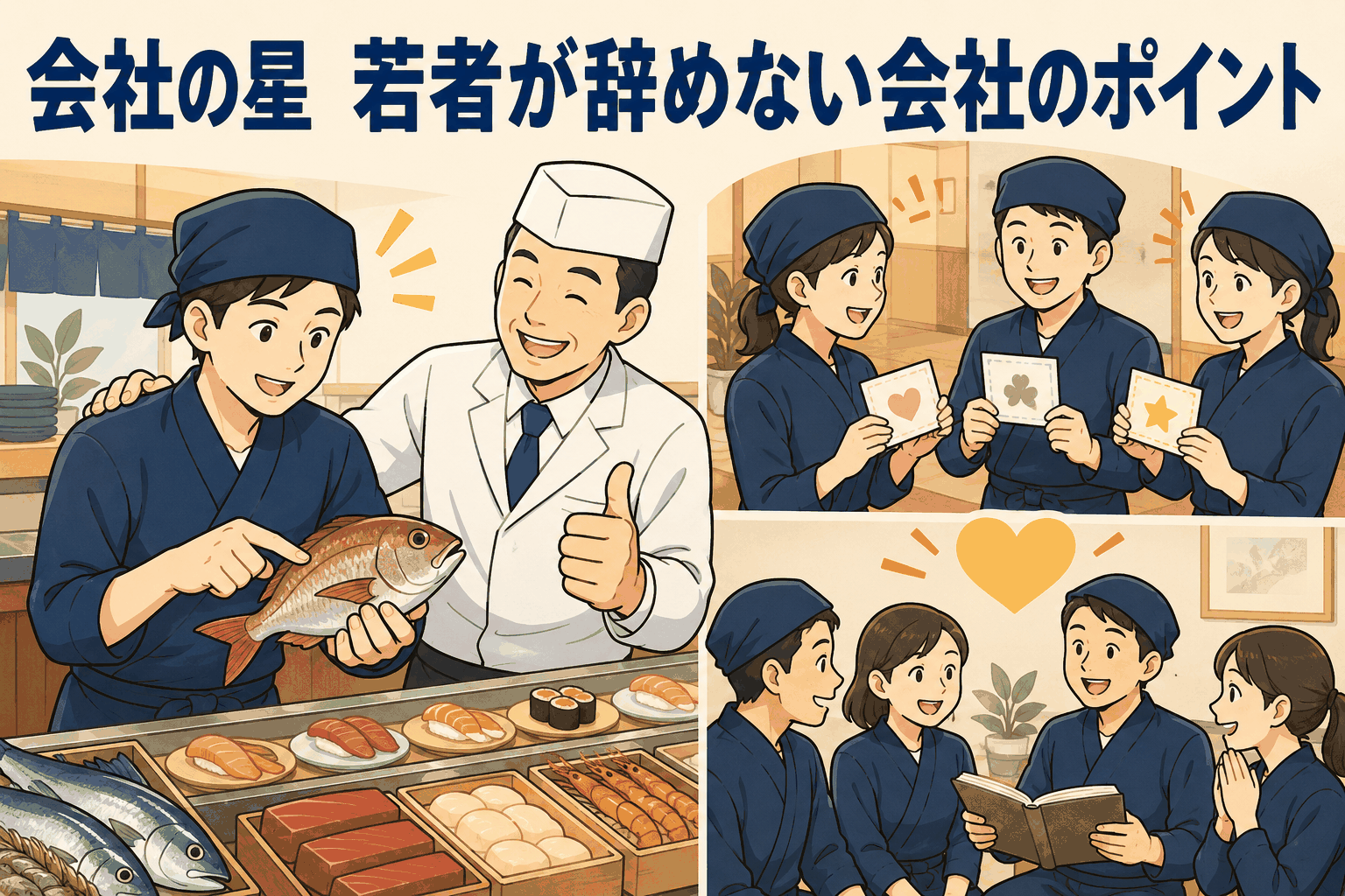 会社の星で紹介された若者が辞めない会社のポイントとして、新人に仕事を任せて褒める回転寿司店や、感謝の手紙・朗読会で社員をほめる化する飲食店の取り組みを描いたアイキャッチ画像