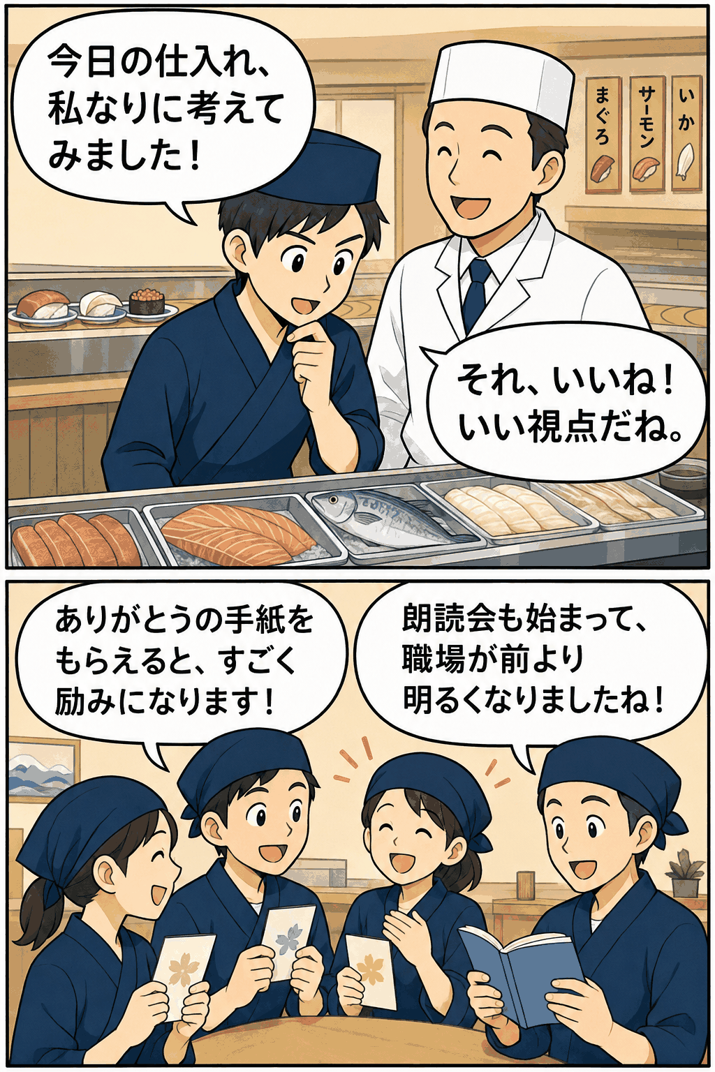 若手社員が仕入れを自分で考え、店長が「いいね」と褒める回転寿司店の場面と、感謝の手紙や朗読会で職場が明るくなる飲食店の取り組みを描いた漫画風アイキャッチ画像