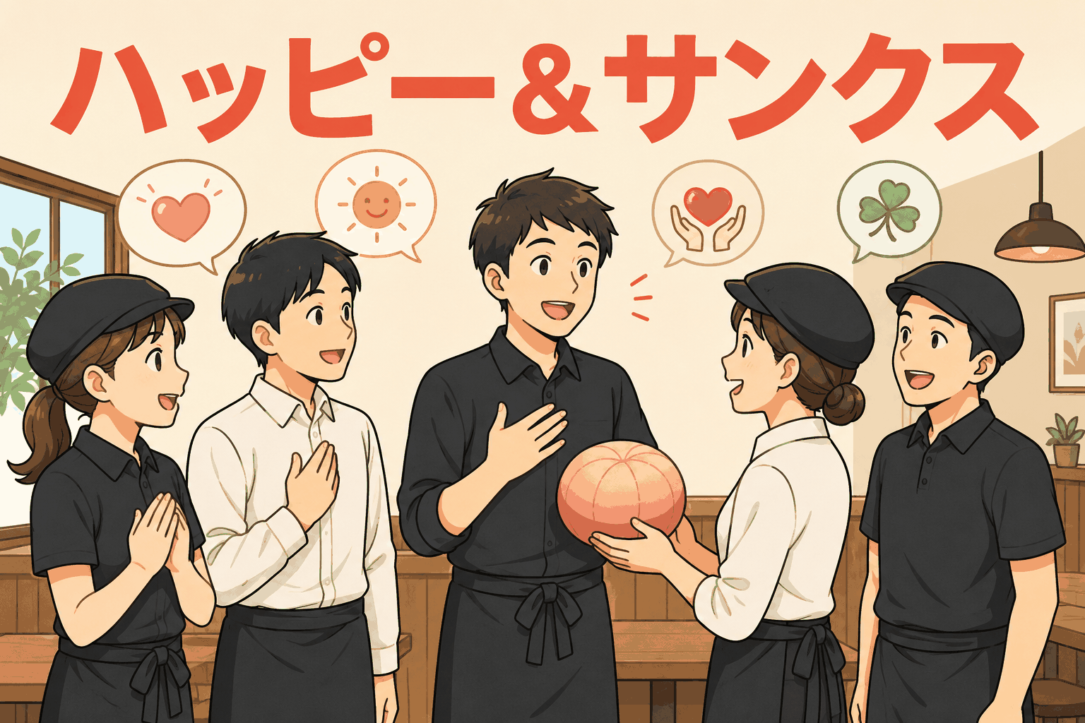 飲食店スタッフが朝礼で「ハッピー＆サンクス」として嬉しかったことや感謝を伝え合う様子
