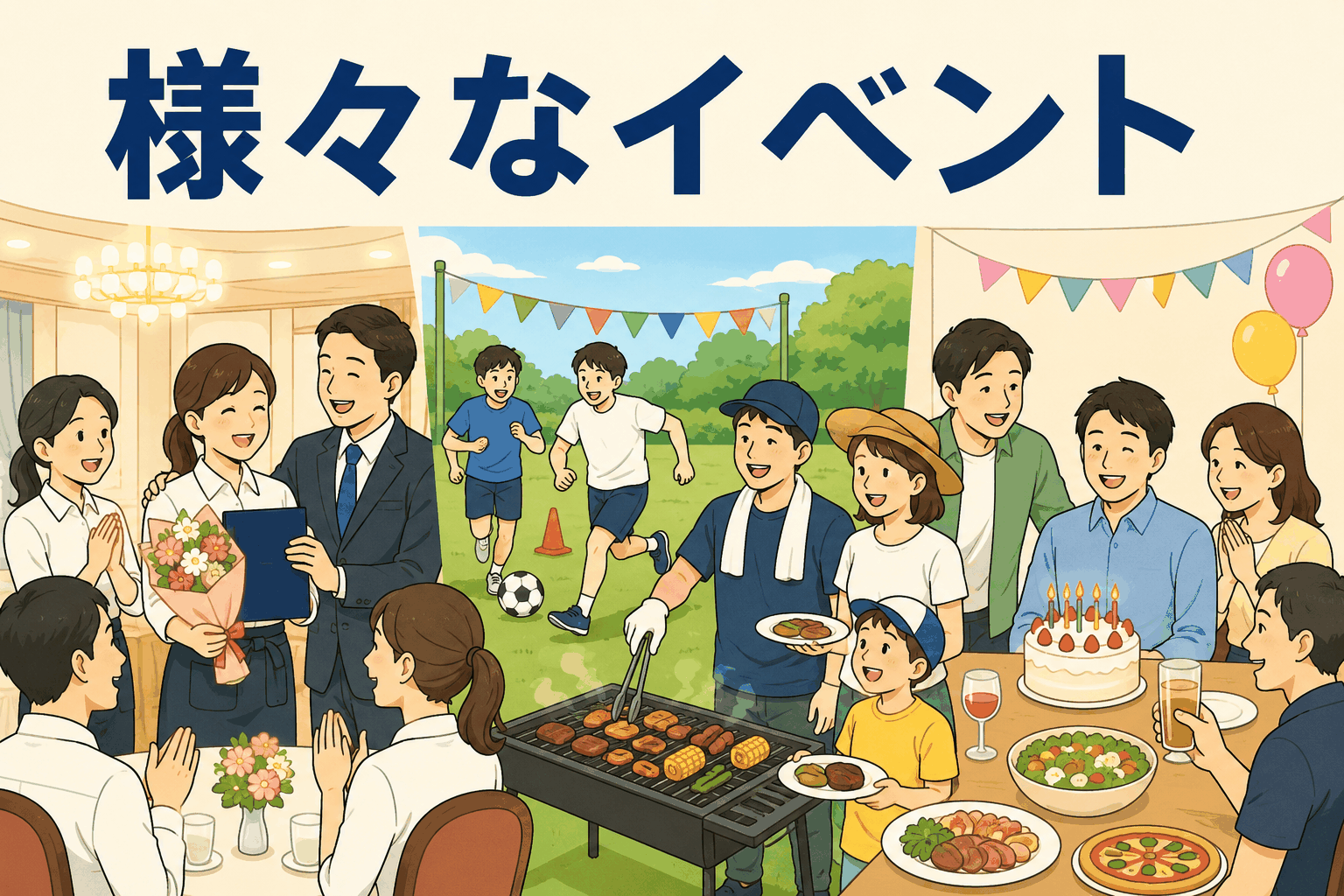 飲食店や学習塾を展開する会社の社内イベントを紹介するイラスト。アルバイト卒業式、運動会、バーベキュー、誕生日会の様子。