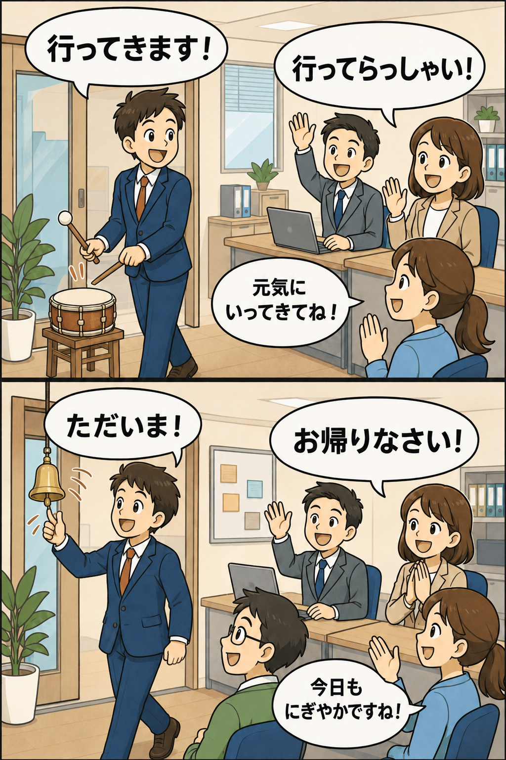 社員が、外出時に太鼓をたたき「行ってきます」と挨拶し、帰社時に鐘を鳴らして「ただいま」と声をかける鐘太鼓運動の様子